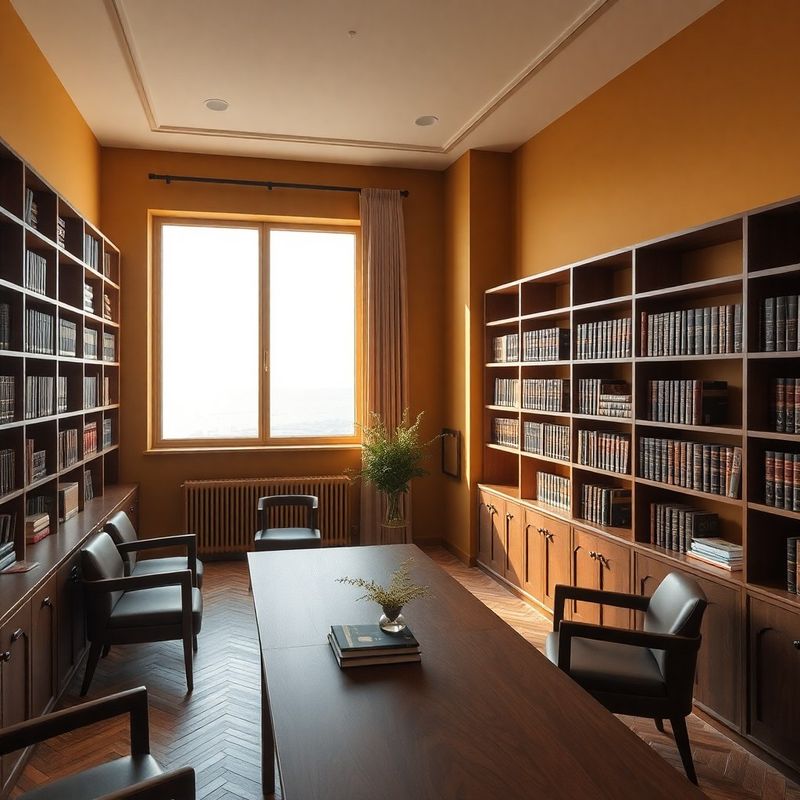 Interior de birou juridic la Constanța, cu bibliotecă din lemn și lumină caldă dinspre mare