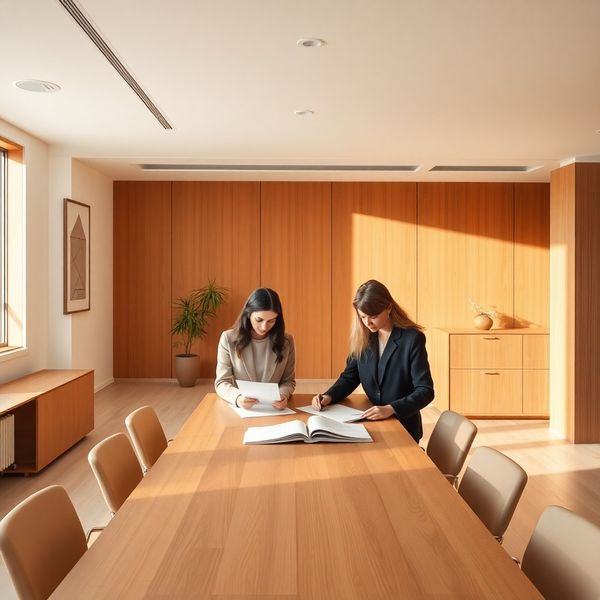 Interior de birou minimalist la Constanța, doi profesioniști analizează documente la o masă lungă